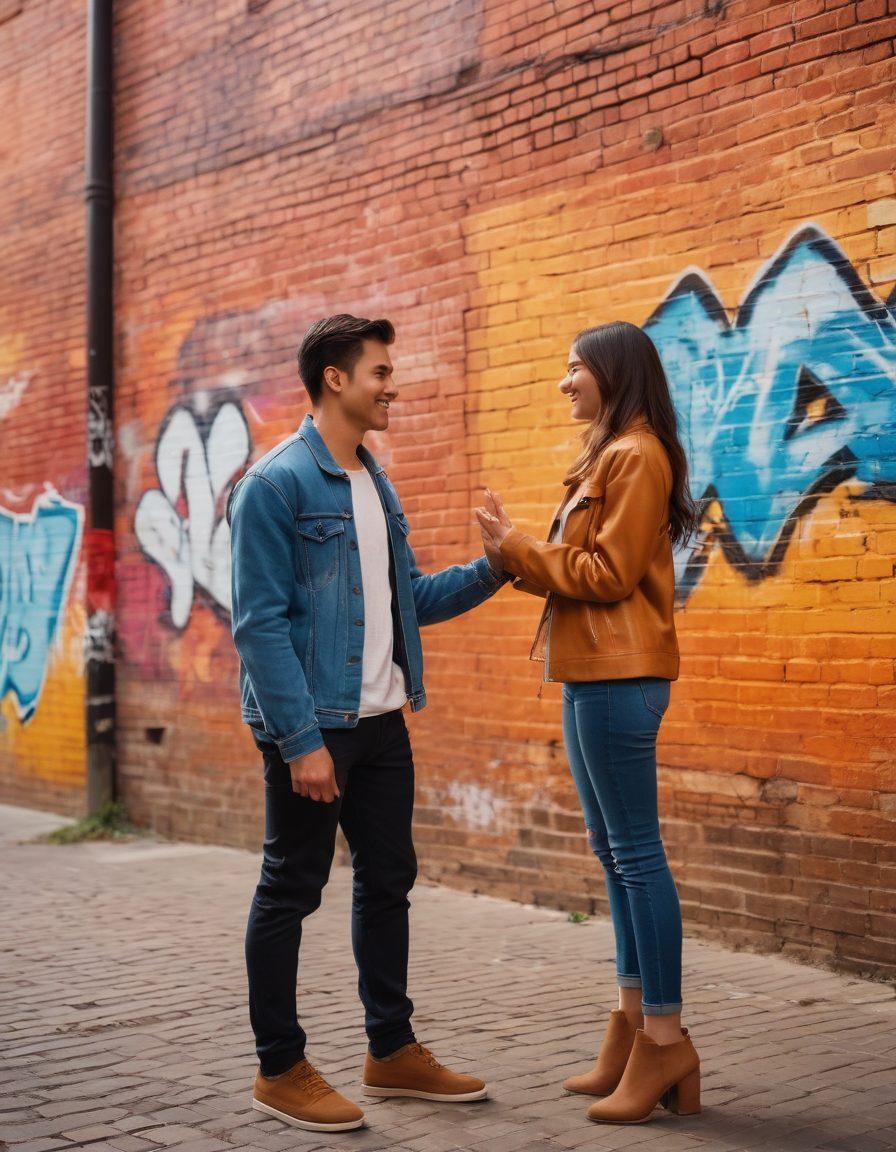 A dynamic scene depicting a diverse group of young couples engaging in playful flirting against a backdrop of a lively urban setting, symbolizing the transition from casual interaction to deep connections. Include elements like colorful graffiti, soft evening light, and intertwined hands representing partnership. Capture the essence of modern love with subtle technology hints, like smartphones in hand. super-realistic. vibrant colors. urban landscape.