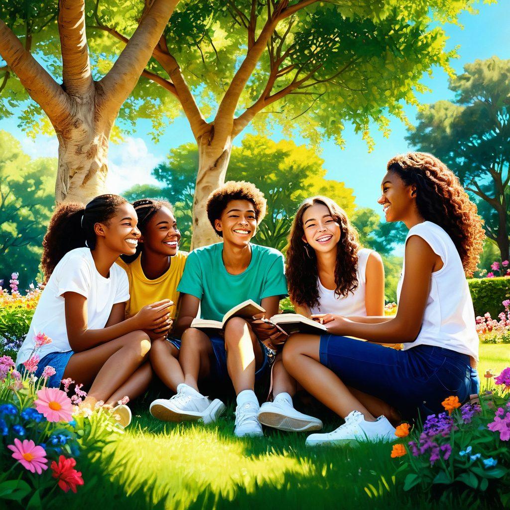 A vibrant scene of diverse teenagers joyfully connecting in a sunny park, surrounded by colorful flowers and trees, engaged in activities like sharing secrets, reading books, and laughing together. Incorporate heart-shaped elements subtly in the background to symbolize love and partnership. Emphasize inclusivity and happiness with bright colors and lively expressions. super-realistic. vibrant colors. sunny background.