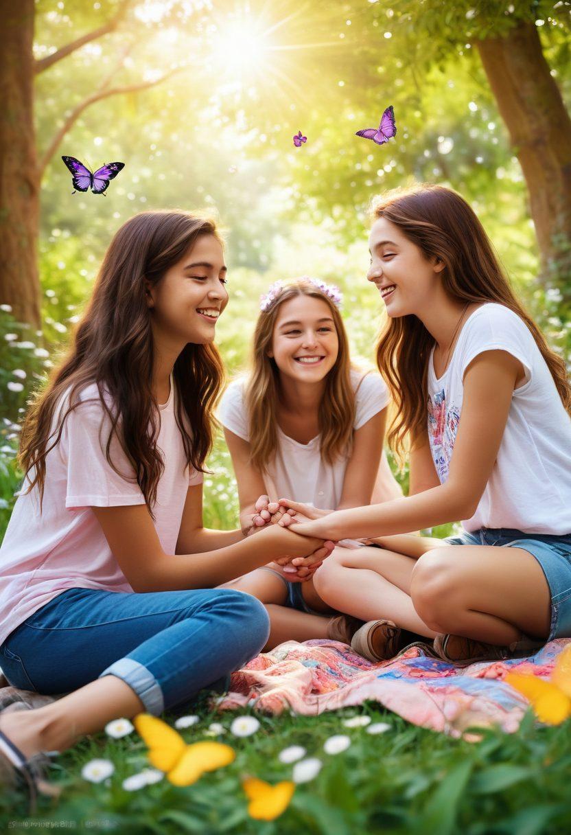 A vibrant, dreamy scene depicting a group of diverse teenagers sitting in a lush, sunlit park, sharing laughter and stories, with soft bokeh effects in the background. Show subtle signs of budding relationships, such as hand-holding or exchanging shy glances, alongside symbols of friendship like friendship bracelets. Incorporate elements of nature like flowers and butterflies to symbolize growth and connection. Focus on warmth and positivity, evoking the essence of teenage love and friendship. colorful illustration. soft focus. vibrant colors.